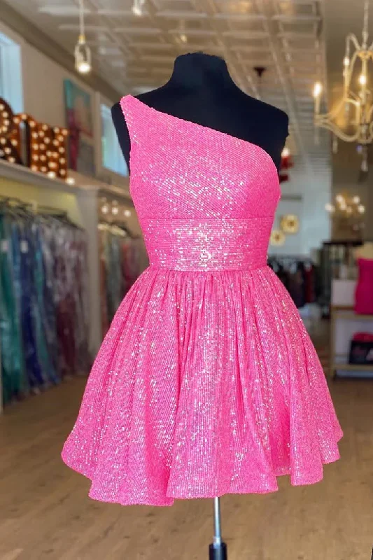 Hot Pink One Shoulder A Line Short Homecoming Dress Sequins Y1487 Chic Sequin Dress