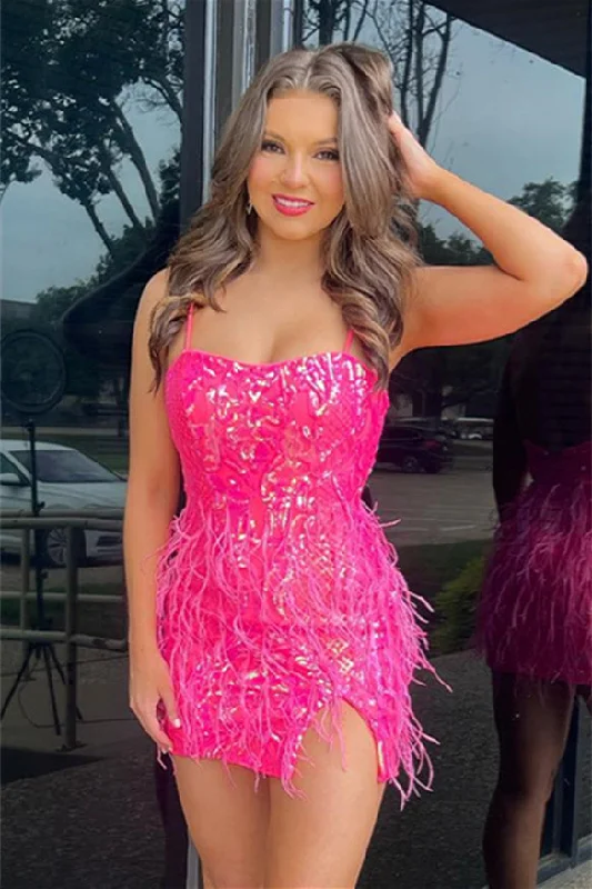 Hot Pink Sequins Straps Homecoming Dress with Feathers Sequin Party Dress