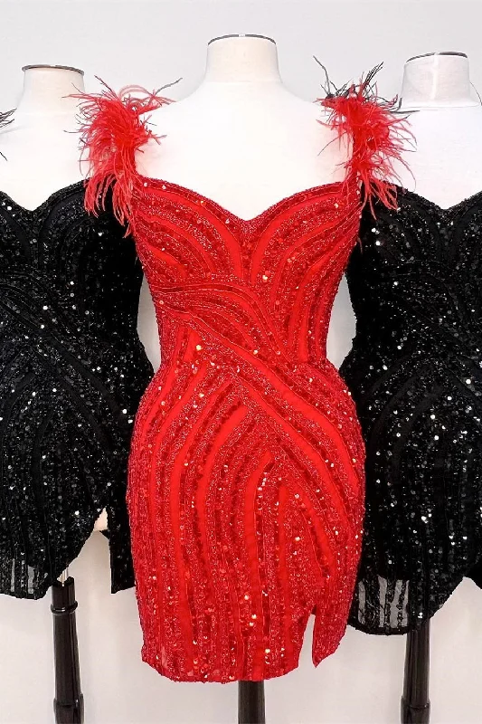 Hot Pink V Neck Feathers Sequins Sheath Homecoming Dress Sequin Bodycon Dress