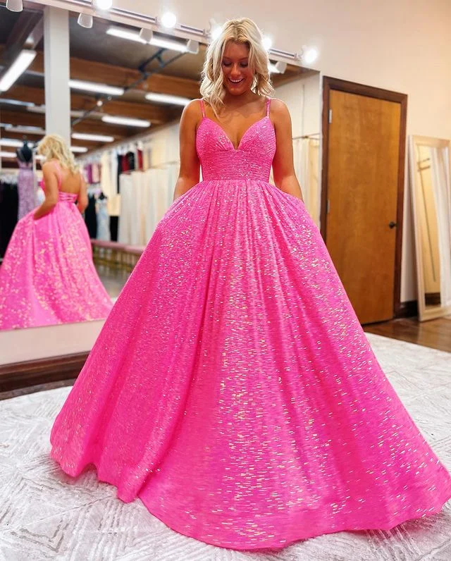 Hot Pink V Neck Sequins Long Prom Dresses Y1489 Modern Sequin Gown