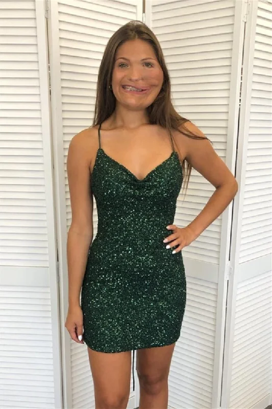 Hunter Green Sequins Lace-Up V Neck Homecoming Dress Flirty Sequin Dress