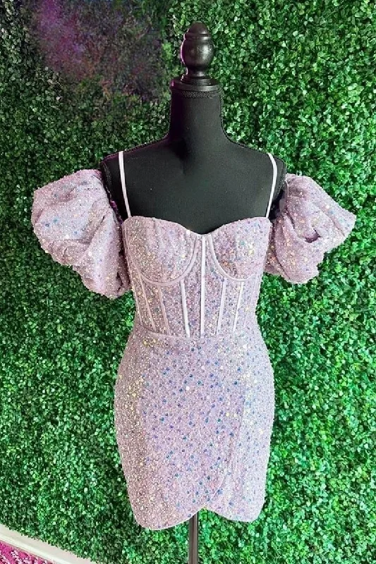 Lavender Puff Sleeves Sequins Sheath Homecoming Dress Flared Sequin Dress