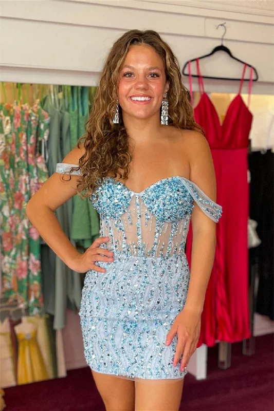 Light Blue Off-the-Shoulder Sequined Sheath Homecoming Dress Glam Sequin Dress