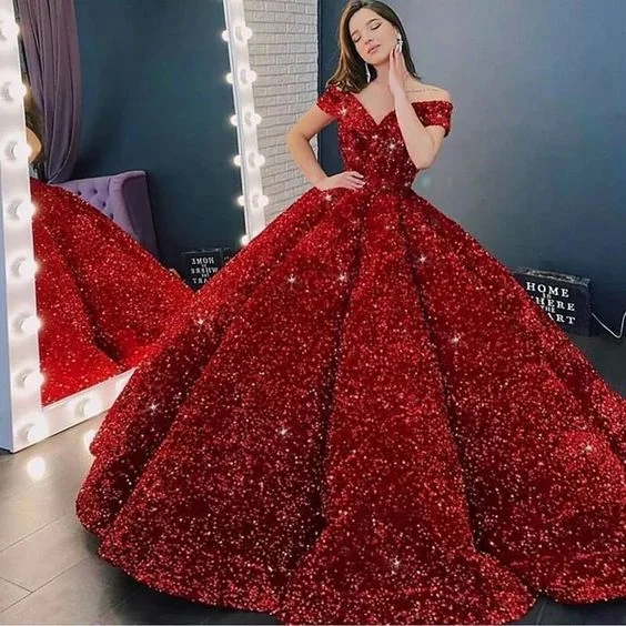 Luxury Sparkling Red Ball Gowns Quinceanera Dresses Off The Shoulder Sequin Pageant Gown Long Princess Sweet 16 Dress Y1210 Classy Sequin Dress