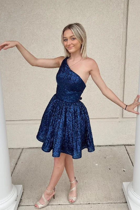 Navy Blue Sequin One-Shoulder A-Line Short Homecoming Dress Silver Sequin Dress