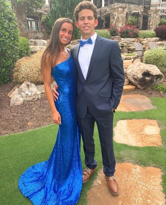 One Shoulder Royal Blue Sequin Mermaid Prom Dresses Y1264 Formal Sequin Gown