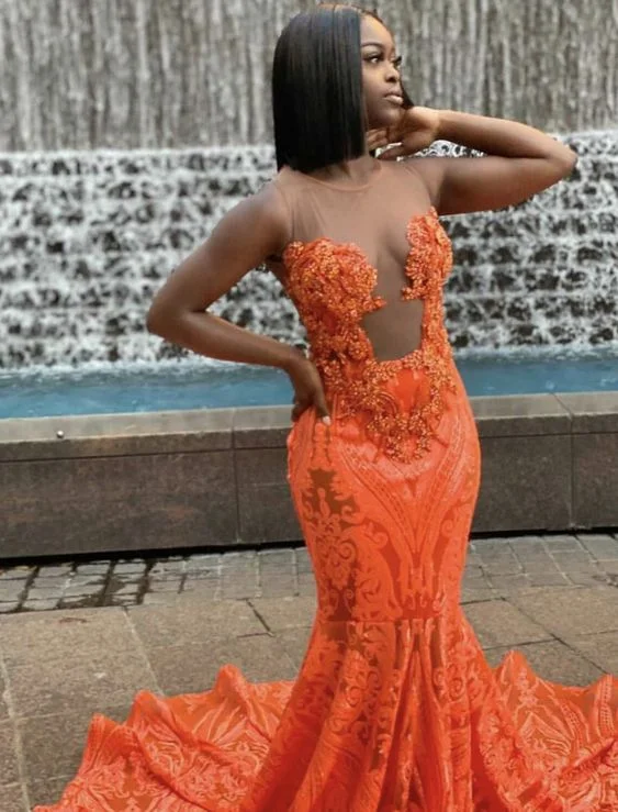 Orange Sequins Mermaid Prom Dresses Black Girl African Girl Prom Gowns Evening Formal Dresses Y1380 Sequin Gown Party