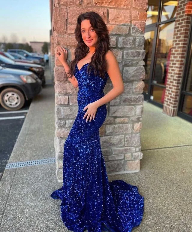 Popular Royal Blue Mermaid Sequins Prom Dress with Train Y1337 Bright Sequin Dress