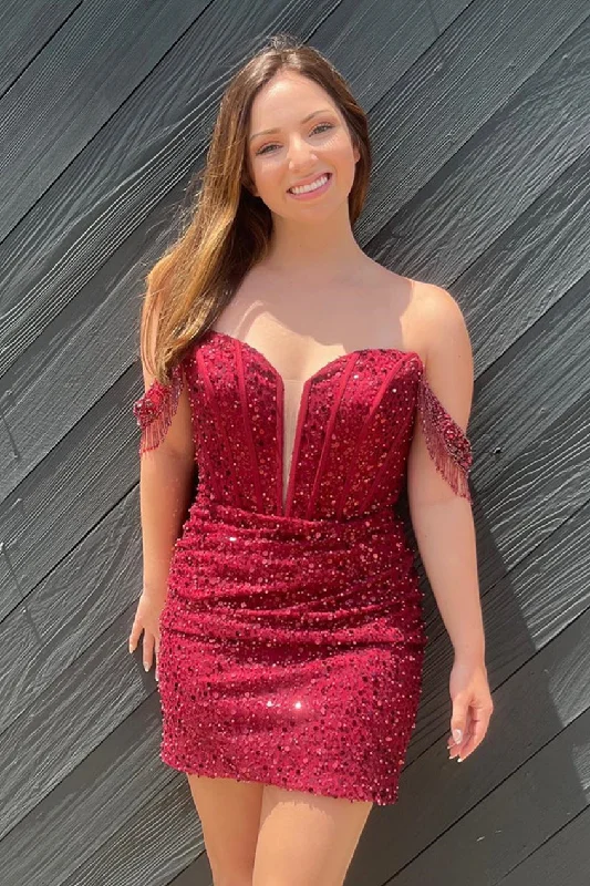 Wine Red Sequins Plunging Off-the-Shoulder Sheath Homecoming Dress with Tassels Short Sequin Dress