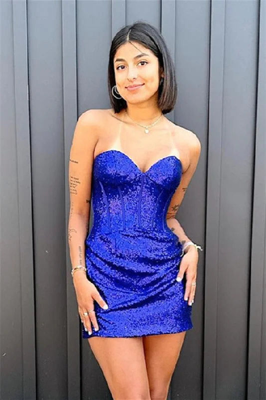 Royal Blue Strapless Sequins Sheath Homecoming Dress Formal Sequin Dress