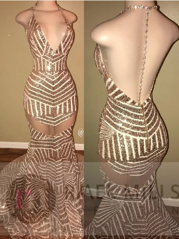 Sexy Mermaid Long Gold Sequins Prom Dress with Backless Silver Sequin Dress