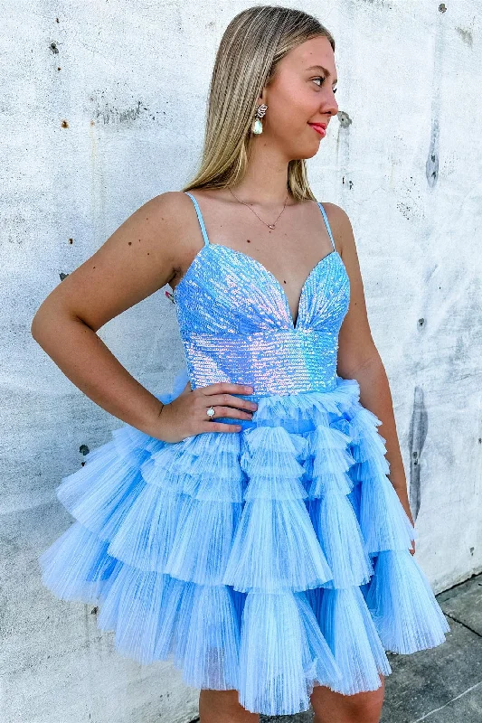 Sky Blue V Neck Sequins Top A-line Multi-Layers Homecoming Dress Strapless Sequin Dress