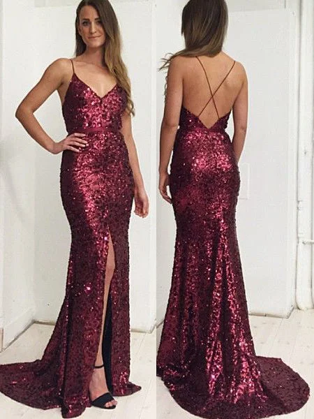 Spaghetti Straps Mermaid Long Burgundy Sequin Evening Dress Sequin Dress Chic