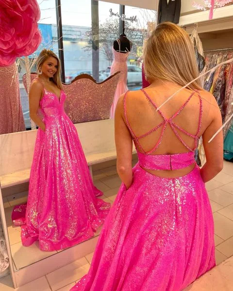 Sparkly Ball Gown V Neck Hot Pink Sequins Long Prom Dress with Beading Y1483 Sequin Evening Dress