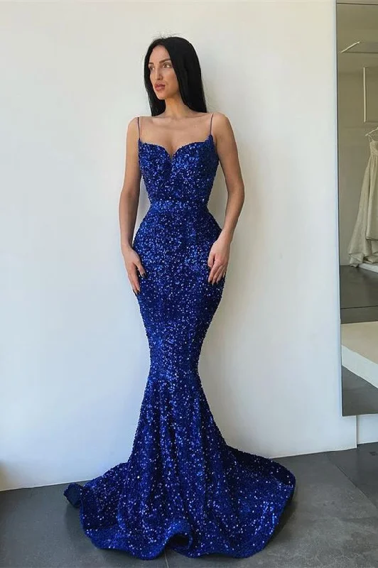 Sparkly Sleeveless Royal Blue Sequined Mermaid Prom Dresses Y1338 Sequin Dress Twist