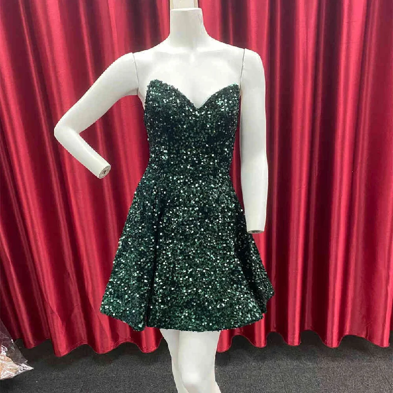 Sweetheart Dark Green Sequins A-Line Homecoming Dress Y1409 Strapless Sequin Dress